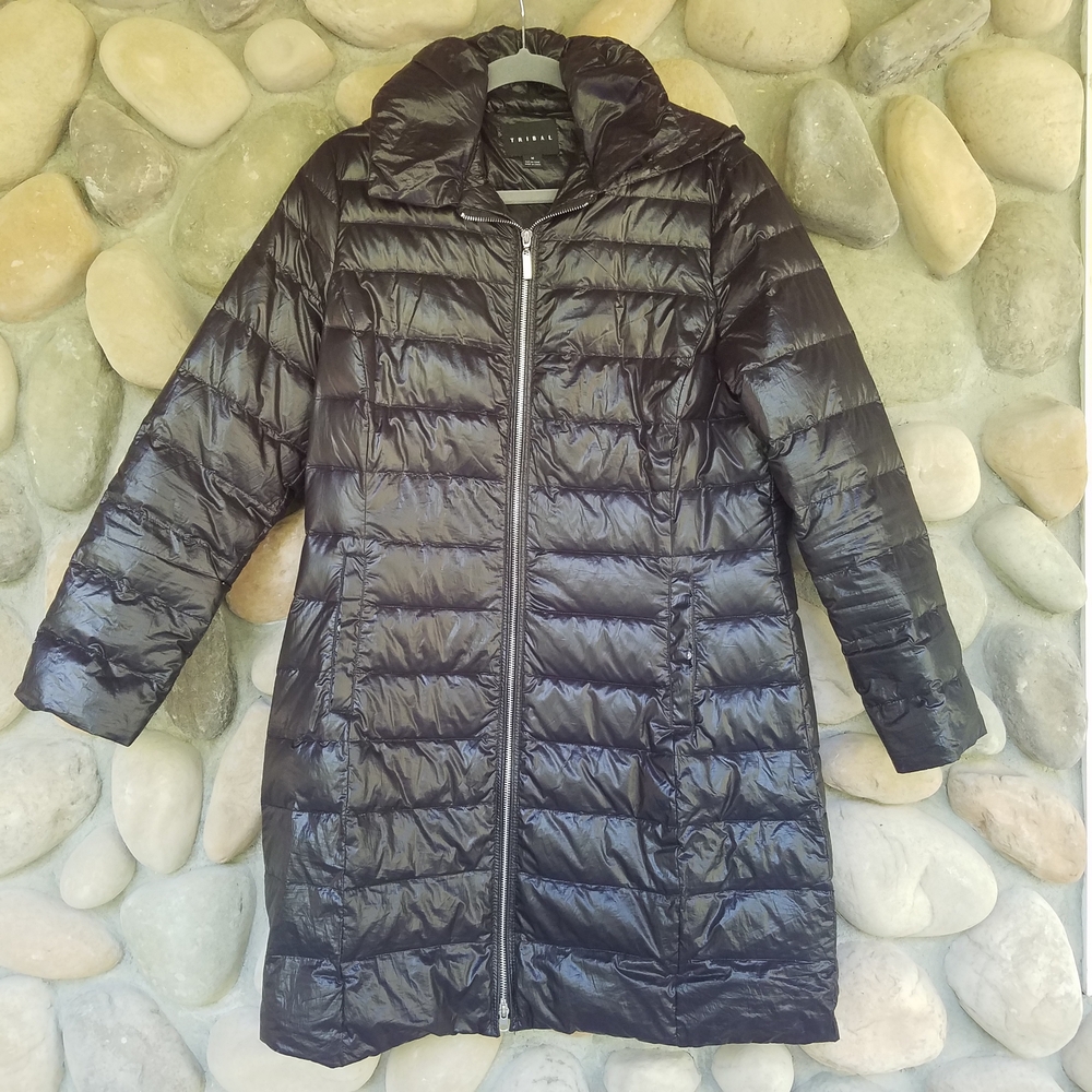 Tribal Black Puffer Jacket Long Coat Women's Jacket | Shiny | Snap in Hood